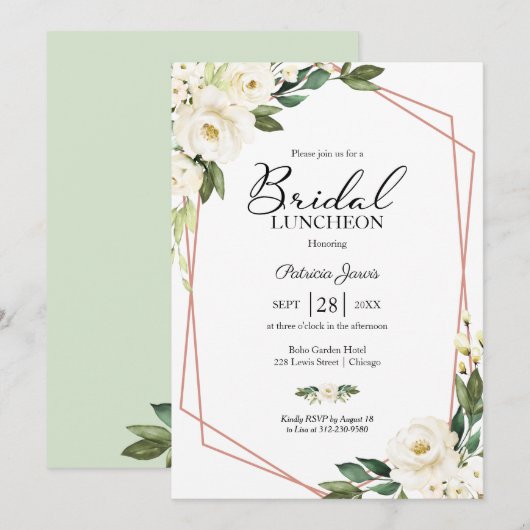 Groen geometrische bloemen bruids lunch uitnodigin kaart (Voorkant / Achterkant)