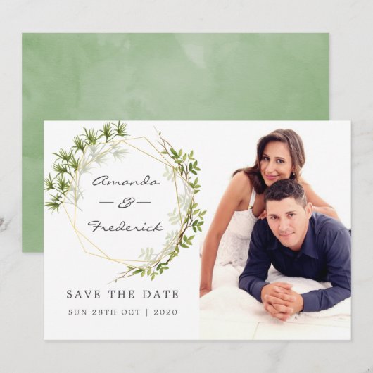 Groen Geometrische Bruiloft Bewaar de Datumfoto Save The Date (Voorkant / Achterkant)