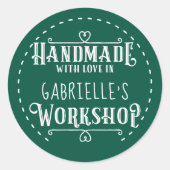 Groen Gepersonaliseerd Handgemaakt met Liefde in W Ronde Sticker (Voorkant)