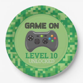 Groen Gepixelde level up Videospel Verjaardagsfees Papieren Bordje
