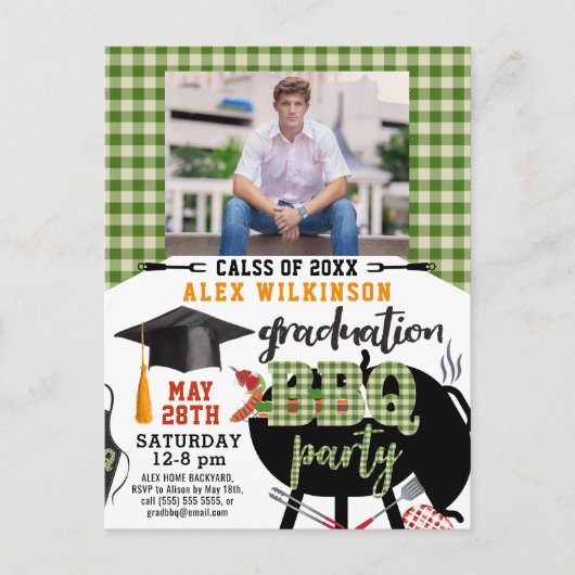 Groen geplakt Afstuderen BBQ Party fotouitnodiging Briefkaart (Voorkant)