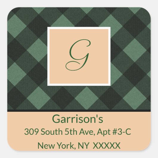 Groen geplakt monogram retour adres vierkant zegel (Voorkant)