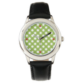 Groen geruit patroon met rode harten horloge