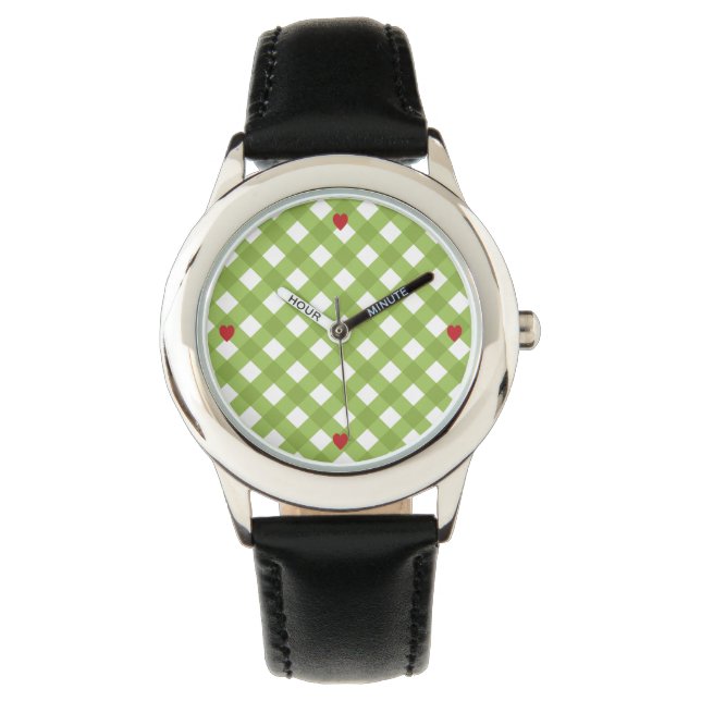 Groen geruit patroon met rode harten horloge (Voorkant)
