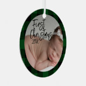 Groen geruite Baby's Eerste Kerstmis Metalen Ornament (Voorkant Rechts)