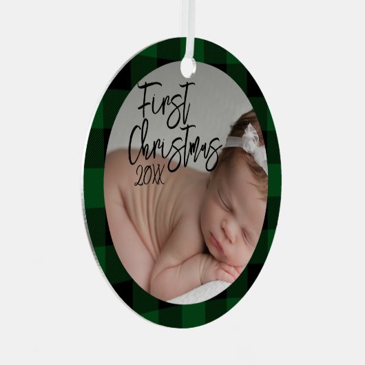 Groen geruite Baby's Eerste Kerstmis Metalen Ornament (Voorkant Rechts)