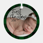 Groen geruite Baby's Eerste Kerstmis Metalen Ornament (Achterkant)