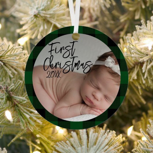 Groen geruite Baby's Eerste Kerstmis Metalen Ornament (Insitu)