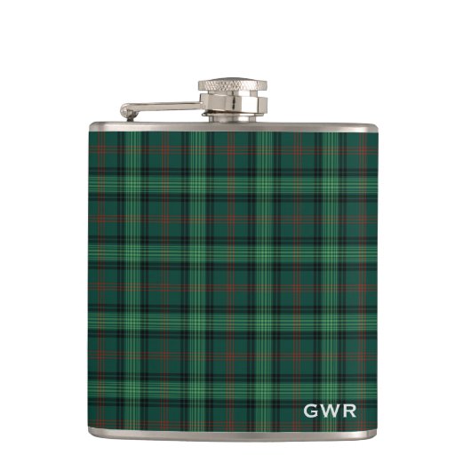Groen geruite Clan Ross Jacht Tartan Monogram Heupfles (Voorkant)