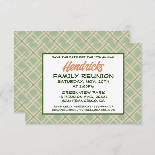 Groen, geruite familiereünie ontwerp save the date (Voorkant / Achterkant)