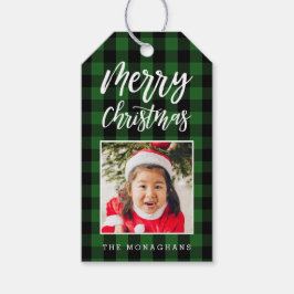 Groen geruite foto Kerstmis Cadeaulabel