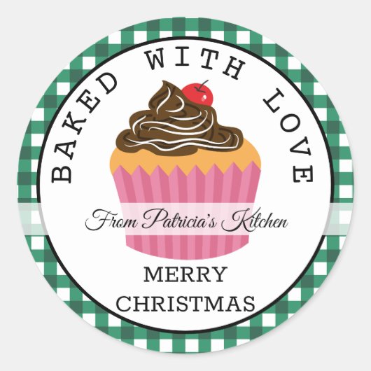 Groen geruite gebakken met liefde kerst cupcakes ronde sticker (Voorkant)