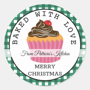 Groen geruite gebakken met liefde kerst cupcakes ronde sticker