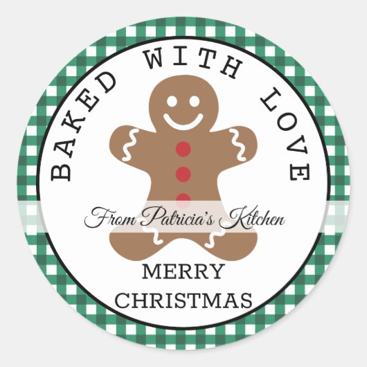 Groen geruite gebakken met liefde kerst koekjes ronde sticker (Voorkant)