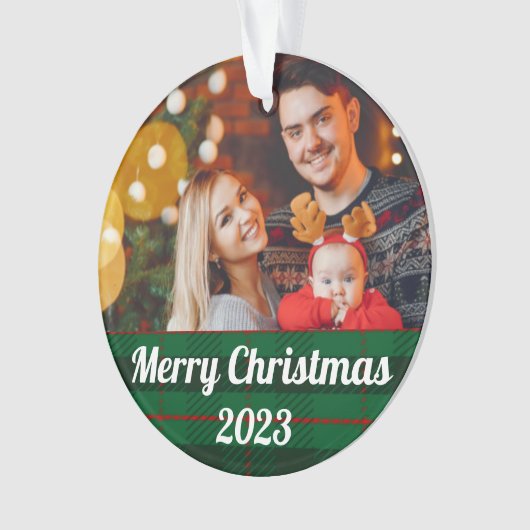 Groen geruite gepersonaliseerde kerst ornament (voorkant)