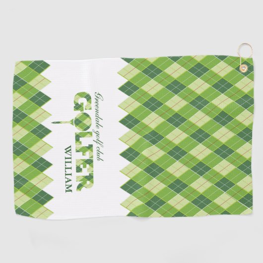 Groen geruite golfer argyle gepersonaliseerde hand golfhanddoek (Horizontaal)