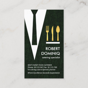 Groen geruite ober pak gouden bestek cateraar visitekaartje
