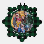 Groen geruite rustieke vrolijke kerst foto ornament kaart (Voorkant)