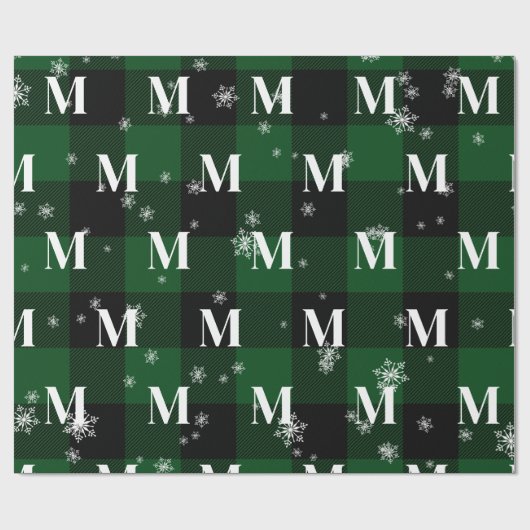 Groen geruite & sneeuwvlokken Monogram Initiaal Wi Cadeaupapier (Vlak)