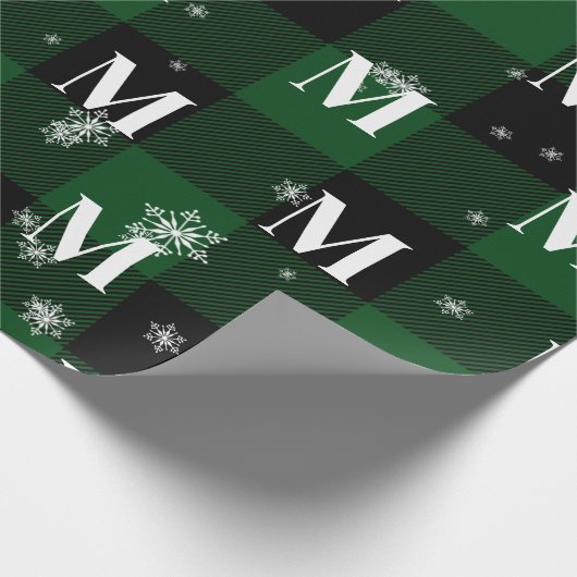 Groen geruite & sneeuwvlokken Monogram Initiaal Wi Cadeaupapier (Hoek)