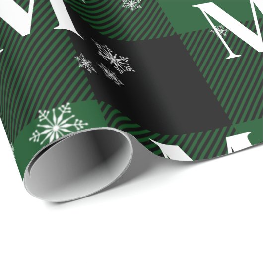 Groen geruite & sneeuwvlokken Monogram Initiaal Wi Cadeaupapier (Rol Hoek)