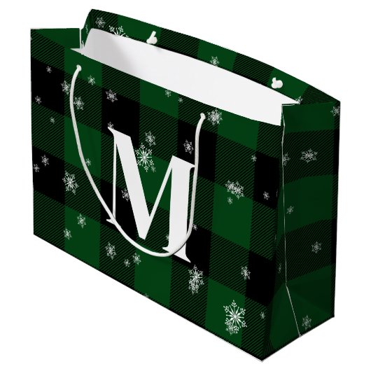 Groen geruite & sneeuwvlokken Monogram Initiaal Wi Groot Cadeauzakje (Achterkant Gekanteld)