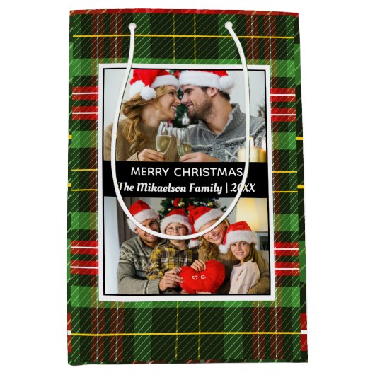 Groen geruite Tartan Fotocollage Vrolijk Kerstfees Medium Cadeauzakje (Voorkant)