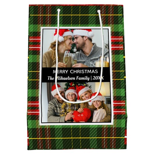 Groen geruite Tartan Fotocollage Vrolijk Kerstfees Medium Cadeauzakje (Achterkant)