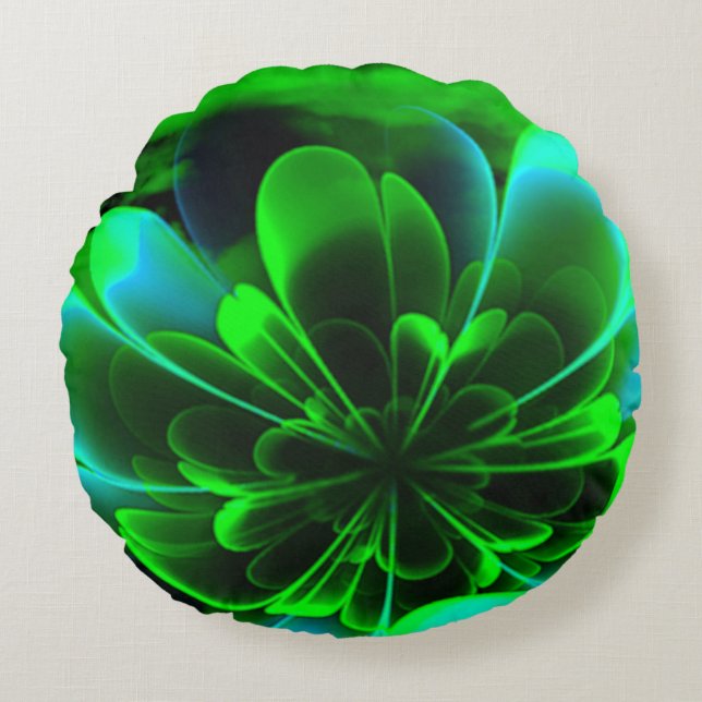 Groen gestileerde Corolla gebogen bloemblaadjes Rond Kussen (Voorkant)