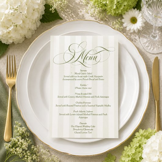 Groen gestreept elegant schrifttype trouwmenu kaart