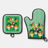 Groen gestreepte Ierse Coquette Ovenwant & Pannenlap Set (Voorkant)