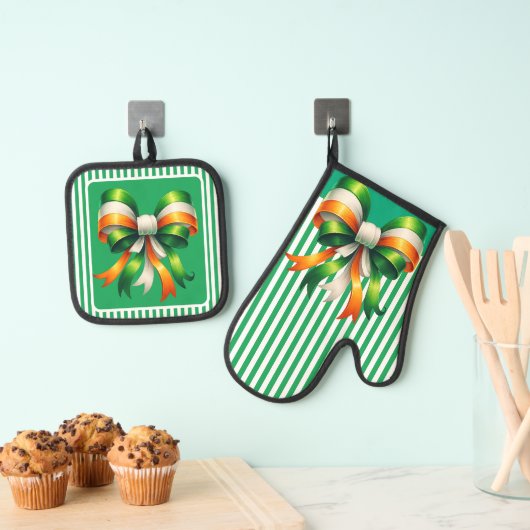 Groen gestreepte Ierse Coquette Ovenwant & Pannenlap Set (Insitu(Ophanging))