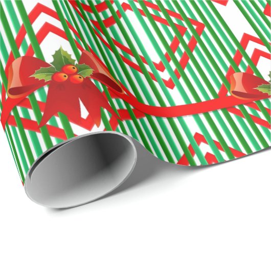 Groen Gestreepte Rode Boog Accent Retro Kerstmis Cadeaupapier (Rol Hoek)