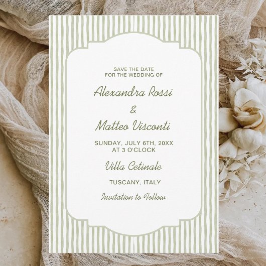 Groen gestreepte Save the Date Elegant Script Huwe Kaart