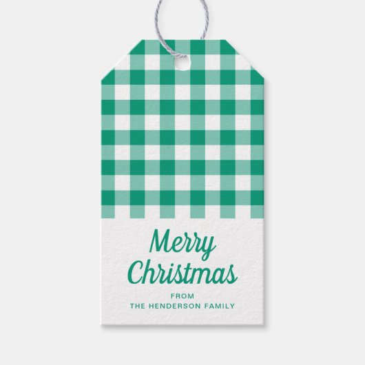 Groen Gingham Script Kerst gecontroleerd Cadeaulabel (Voorkant)