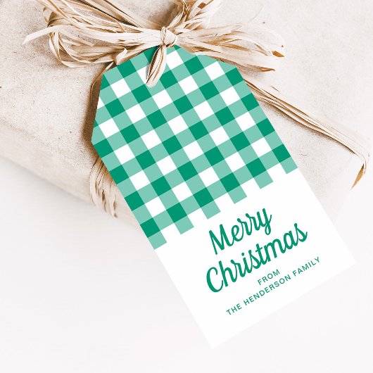 Groen Gingham Script Kerst gecontroleerd Cadeaulabel