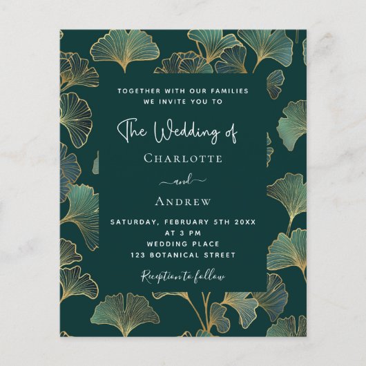 Groen ginkgo blad budget bruiloft uitnodiging (Voorkant)