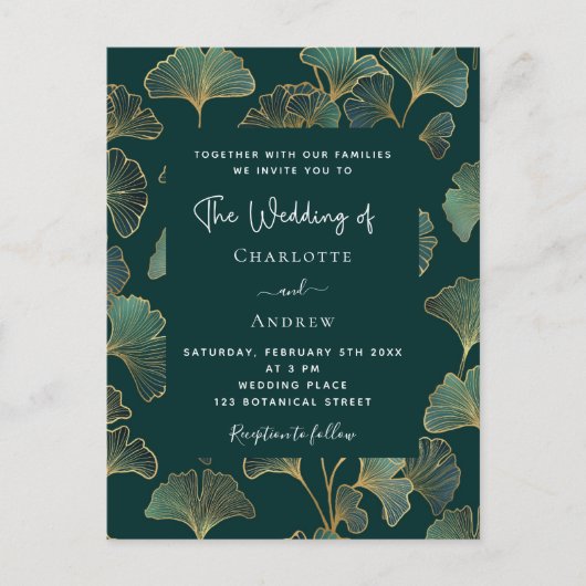 Groen ginkgo blad gouden botanische bruiloft uitnodiging briefkaart (Voorkant)