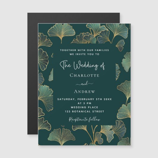 Groen ginkgo laat gouden luxe bruiloft magnetische uitnodiging (Voorkant / Achterkant)