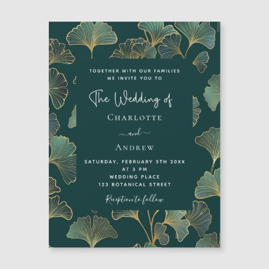 Groen ginkgo laat gouden luxe bruiloft magnetische uitnodiging (Voorkant)
