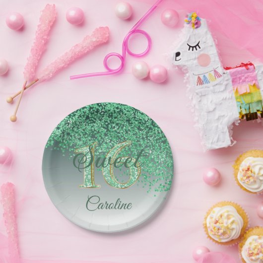 Groen glitter, 16 glitter, 16 zoete verjaardag papieren bordje (Feest)