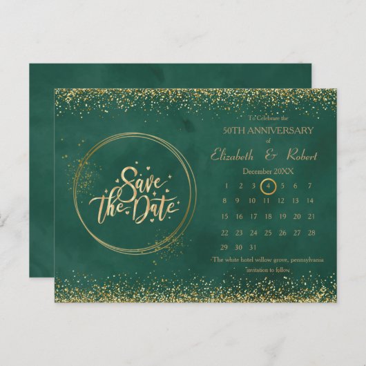 Groen & Glitter 50e Jubileum De Datumkalender Aankondigingskaart (Voorkant / Achterkant)