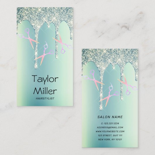 Groen glitter druppelt holografisch schaar haar visitekaartje (Voorkant / Achterkant)