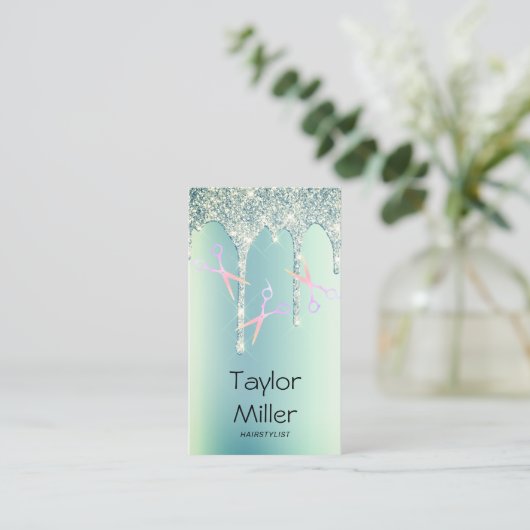 Groen glitter druppelt holografisch schaar haar visitekaartje (Staand voorkant)