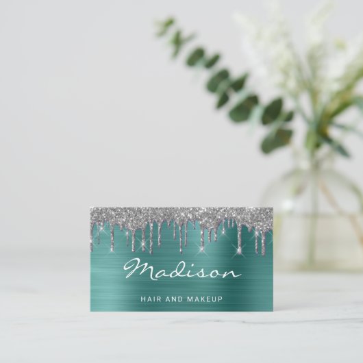 Groen glitter haar en make-up stylist visitekaartje (Staand voorkant)