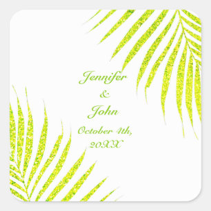 Groen glitter Palm Leaf White Tropical Wedding Vierkante Sticker
