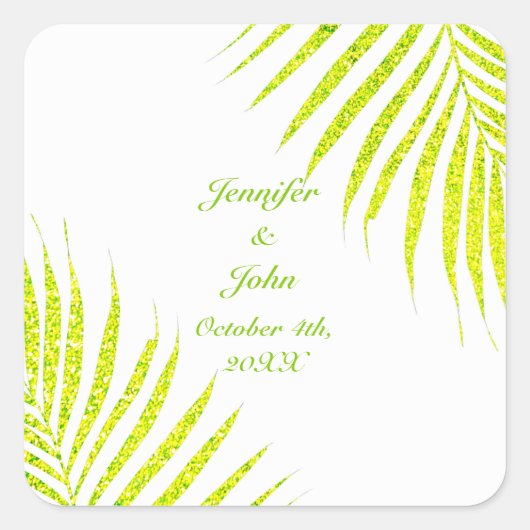 Groen glitter Palm Leaf White Tropical Wedding Vierkante Sticker (Voorkant)