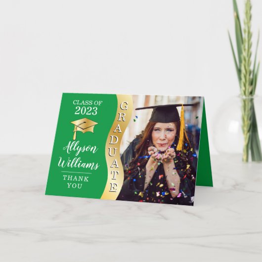 Groen | Gold Afstuderen Wave Afstudeerder Pet Foto Bedankkaart (Voorkant)