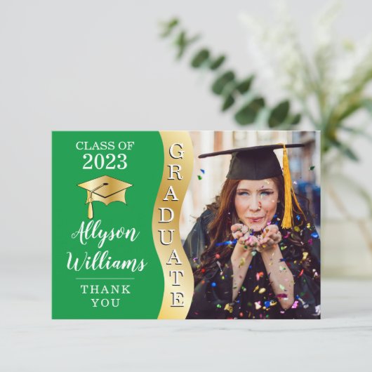 Groen | Gold Afstuderen Wave Afstudeerder Pet Foto Bedankkaart (Staand voorkant)