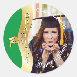 Groen | Gold Afstuderen Wave Afstudeerder Pet Foto Ronde Sticker